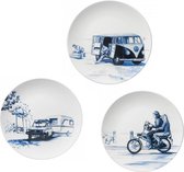Wandborden - Set van 3 - Incl Bevesting - Vintage auto - Vintage Brommer - Cadeau voor hem - Delfts blauw cadeau - Vintage motor - Volkswagen busje - Retro bus - Camper - Muurdecoratie - Wand