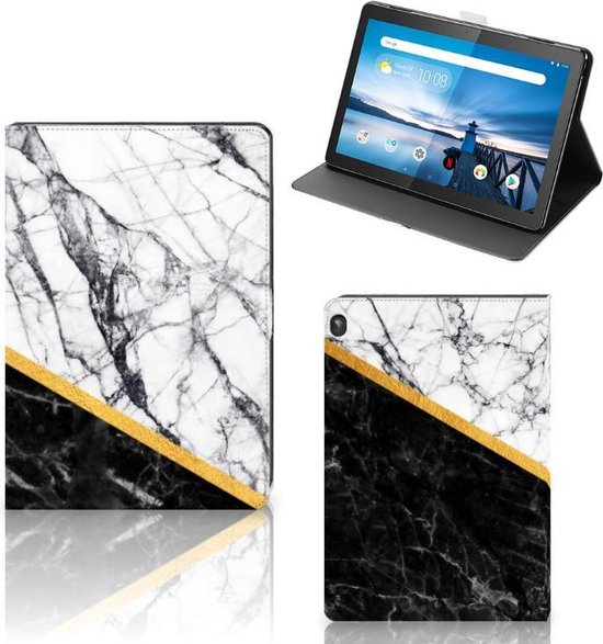 Cover Case Lenovo Tablet M10 Hoes met Standaard Marble White Black