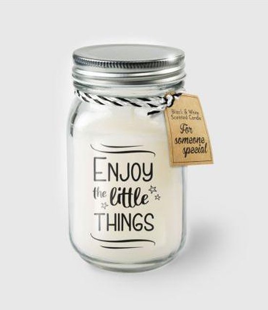 Kaars - Enjoy the little things - Lichte vanille geur - In glazen pot - In cadeauverpakking met gekleurd lint