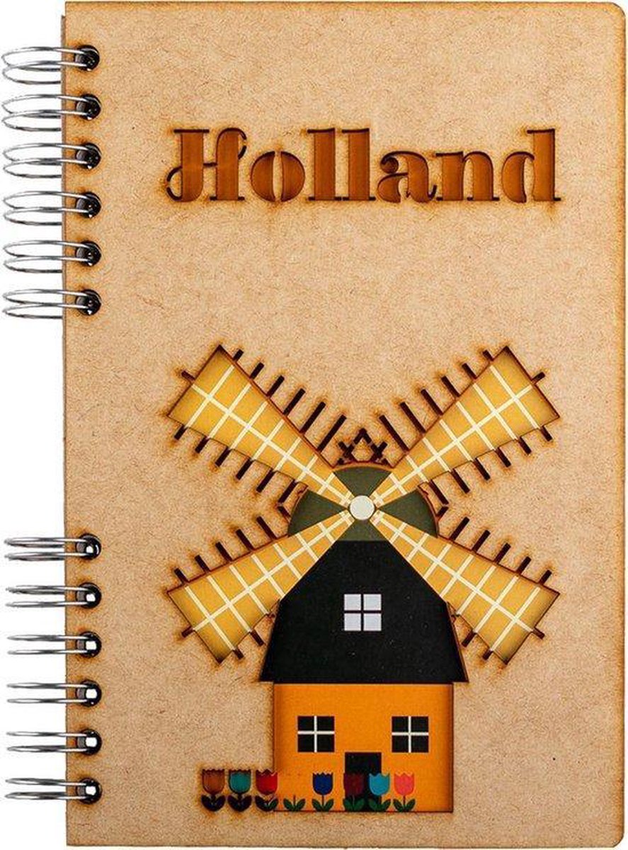 KOMONI - Duurzaam houten Bullet Journal - Gerecycled papier - Navulbaar - A4 - Stippen - Holland Molen