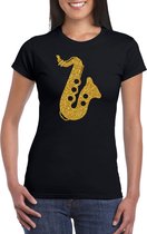 Gouden saxofoon / muziek t-shirt / kleding - zwart - voor dames - muziek shirts / muziek liefhebber / jazz / saxofonisten outfit S