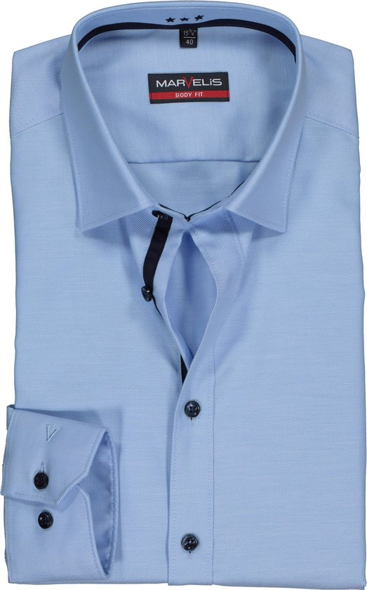 MARVELIS Body Fit overhemd - lichtblauw twill (contrast) - Strijkvriendelijk - Boordmaat: