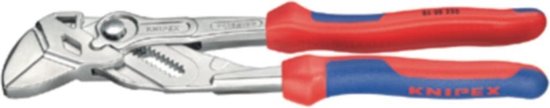 Knipex "86 05 250" waterpomptang met rode en blauwe handvatten.