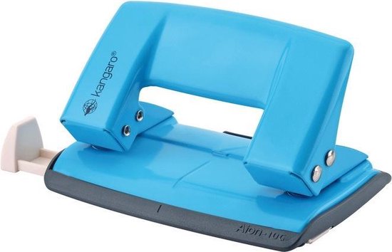 Blauwe Kangaro Aion-10G perforator met grijze basis en paper guide.