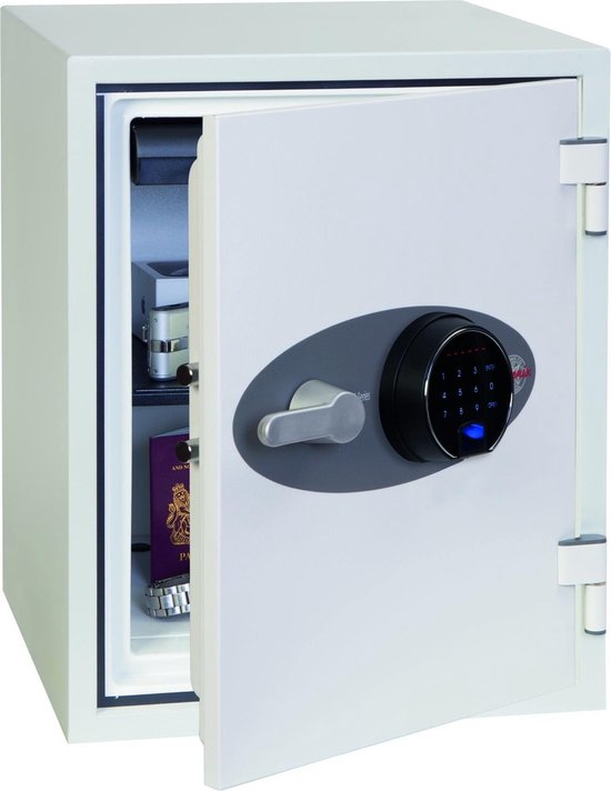 Lichtgrijze Phoenix kluis met open deur, elektronisch vingerafdrukslot en items aan de binnenkant.