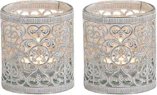 Set van 2x stuks waxinelicht/theelicht houder zilver antiek 8 cm - Woonaccessoires/woondecoraties kaarsenhouders