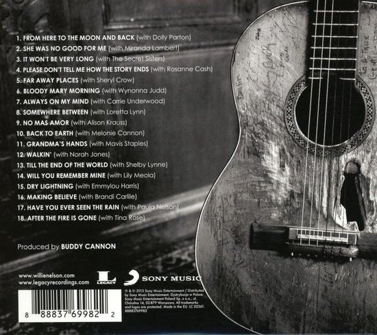 Achterkant van een albumhoes met een verweerde akoestische gitaar. Lijst met nummers en artiesten van het album "To All The Girls..." en Willie Nelson's website.