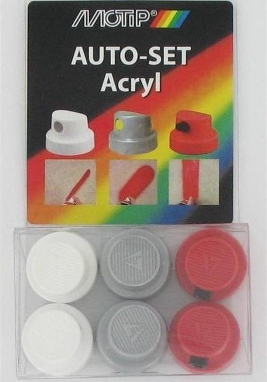 Set van 6 spuitkoppen: wit, grijs en rood met voorbeelden van spuitbanen.