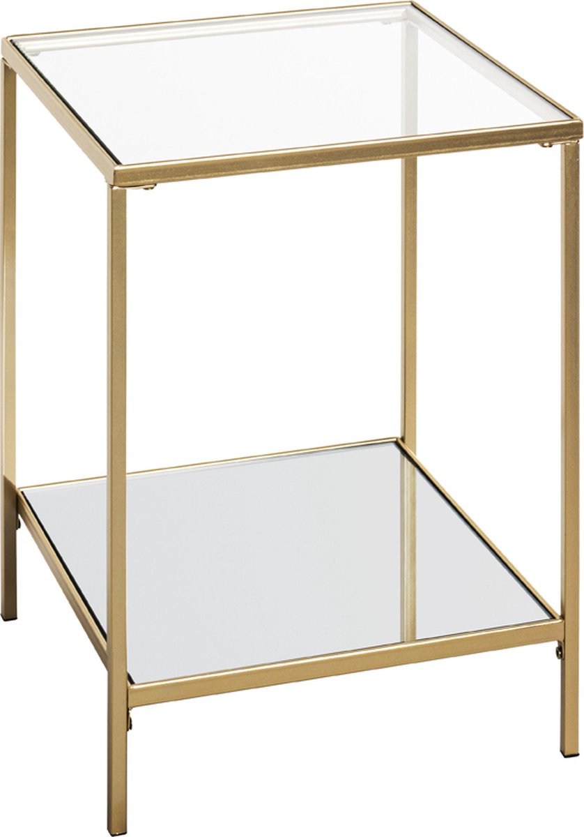 Bijzettafel – Goud staal met kristalspiegel – 39 cm breed, 39 cm diep, 55 cm hoog – Elegant design