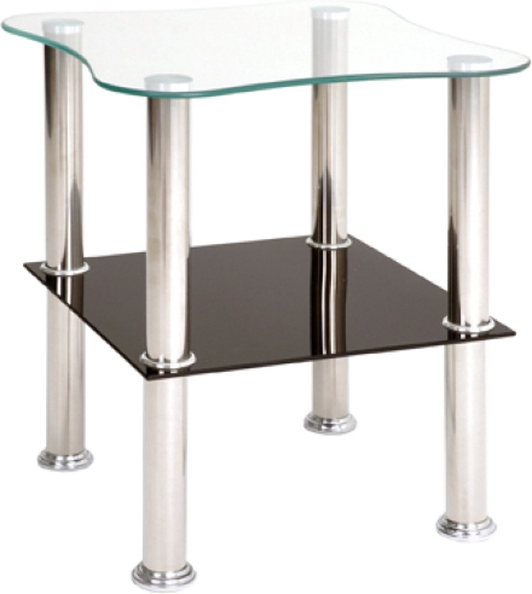 Bijzettafel – Zwart en chroom staal met veiligheidsglas – 40 cm breed, 40 cm diep, 47 cm hoog – Met onderblad