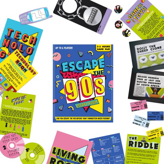 Escape the 90s spel en bijbehorende kaarten met retro-design, inclusief cd's en bios van 90s-iconen.