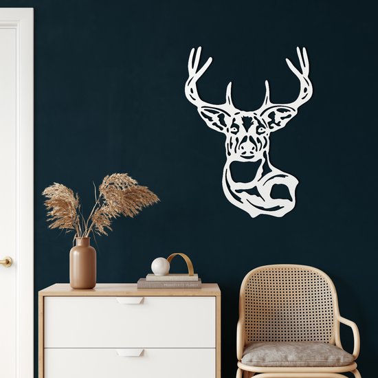 Wanddecoratie | Hertenhoofd / Deer Head| Metal - Wall Art | Muurdecoratie | Woonkamer |Wit| 66x90cm