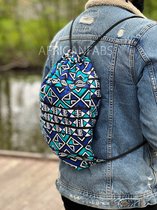 Afrikaanse print rugzak / Gymtas / Schooltas met rijgkoord - Blauw / wit bogolan  - Drawstring Bag