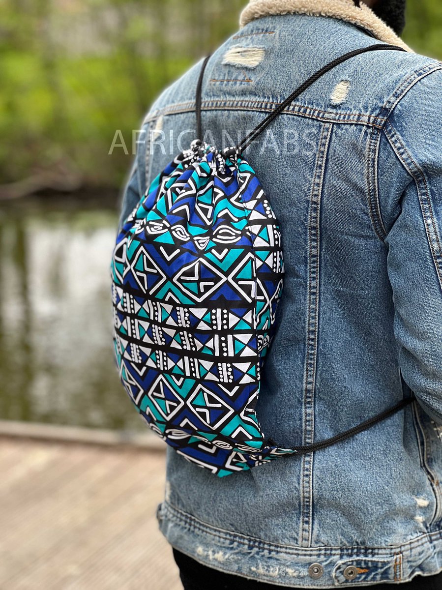 Afrikaanse print rugzak / Gymtas / Schooltas met rijgkoord - Blauw / wit bogolan - Drawstring Bag
