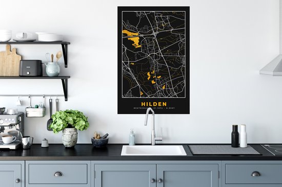 Muurstickers - Sticker Folie - Duitsland – Black and Gold – Hilden – Stadskaart – Kaart – Plattegrond - 60x90 cm - Plakfolie - Muurstickers Kinderkamer - Zelfklevend Behang - Zelfklevend behangpapier - Stickerfolie