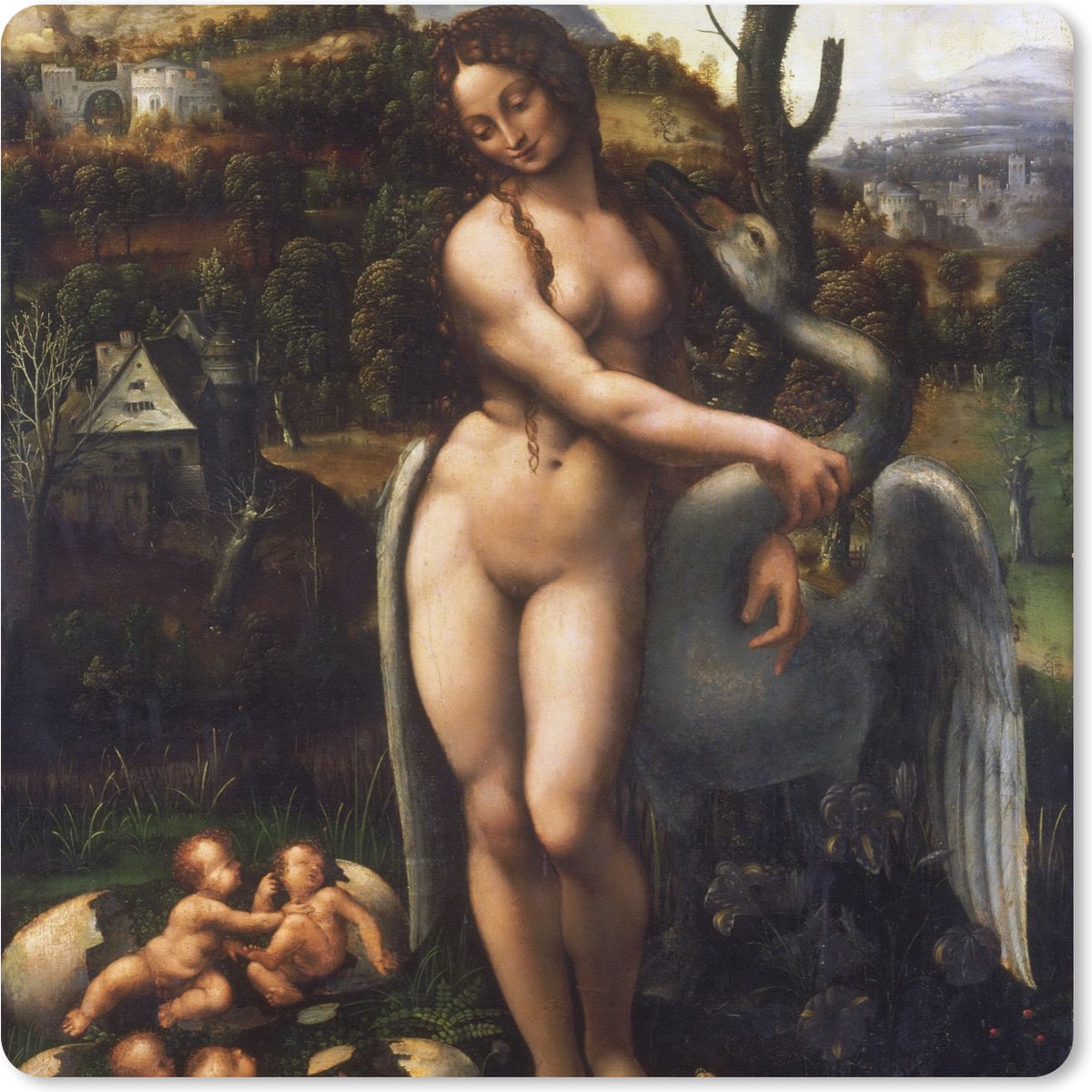 Muismat XXL 40x40 cm - Bureau onderlegger - Bureau mat Leda en de zwaan - Leonardo da Vinci - Bureaumat - Gaming mousepad xl - Bureaulegger groot - Computer deskmat