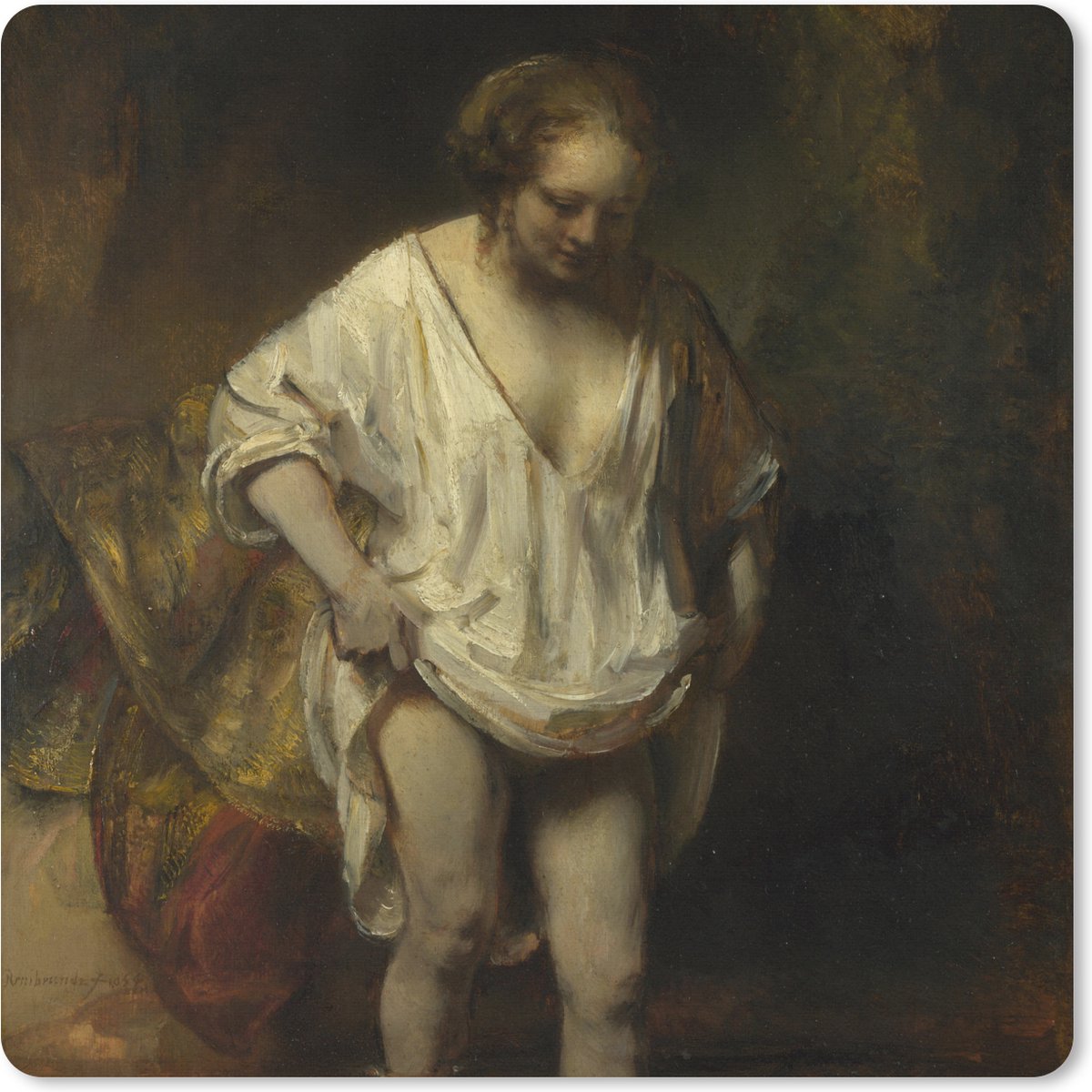 Muismat XXL 40x40 cm - Bureau onderlegger - Bureau mat Badende vrouw - Schilderij van Rembrandt van Rijn - Bureaumat - Gaming mousepad xl - Bureaulegger groot - Computer deskmat