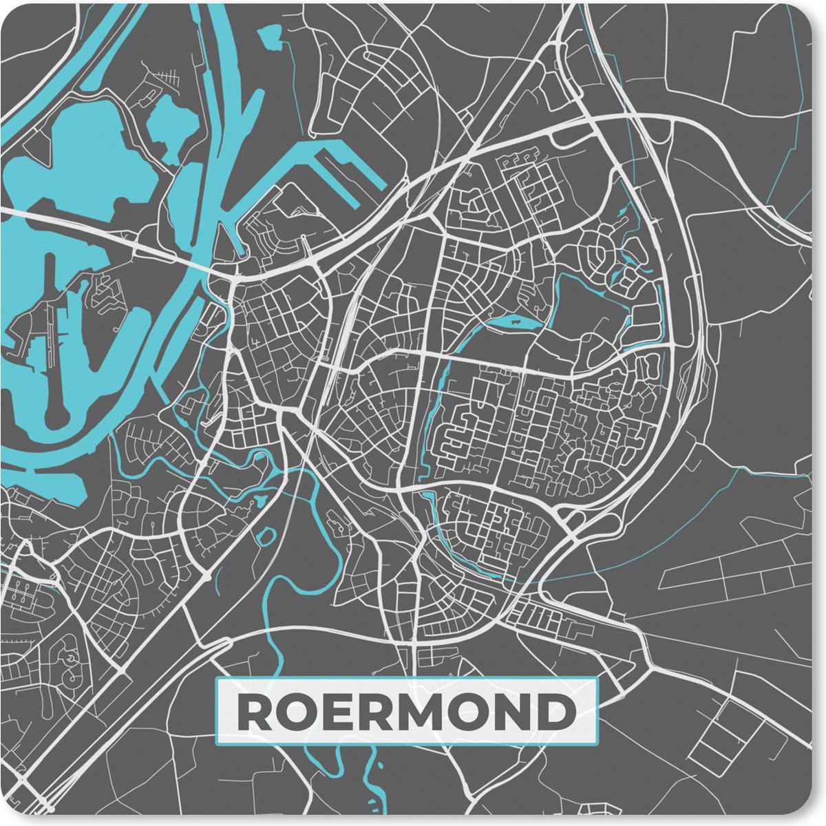 Muismat XXL 40x40 cm - Bureau onderlegger - Bureau mat Plattegrond - Roermond - Grijs - Blauw - Bureaumat - Gaming mousepad xl - Bureaulegger groot - Computer deskmat - Stadskaart