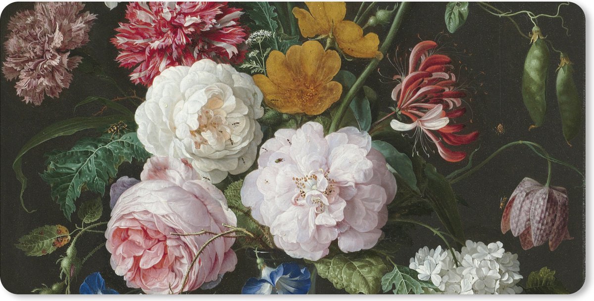 Muismat XXL - Bureau onderlegger - Bureau mat - Stilleven met bloemen in een glazen vaas - Schilderij van Jan Davidsz. de Heem - 100x50 cm - XXL muismat