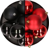 12x stuks kunststof kerstballen 8 cm mix van zwart en rood - Kerstversiering