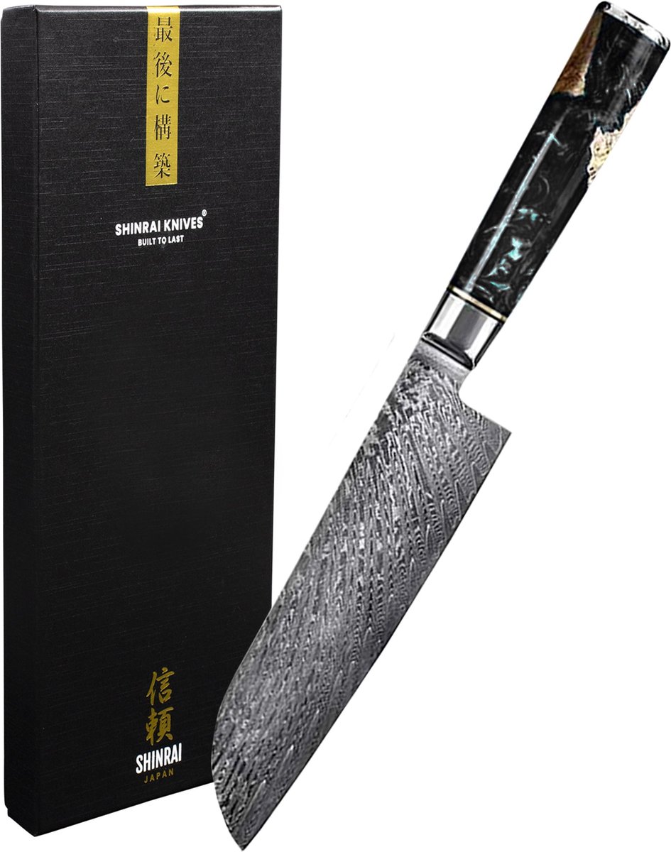 Shinrai Knives - Santokumes 18 cm - Koksmes - Damascus Mes - Epoxy Onyx - Met Luxe Geschenkdoos - Keukenmes - Japans Koksmes