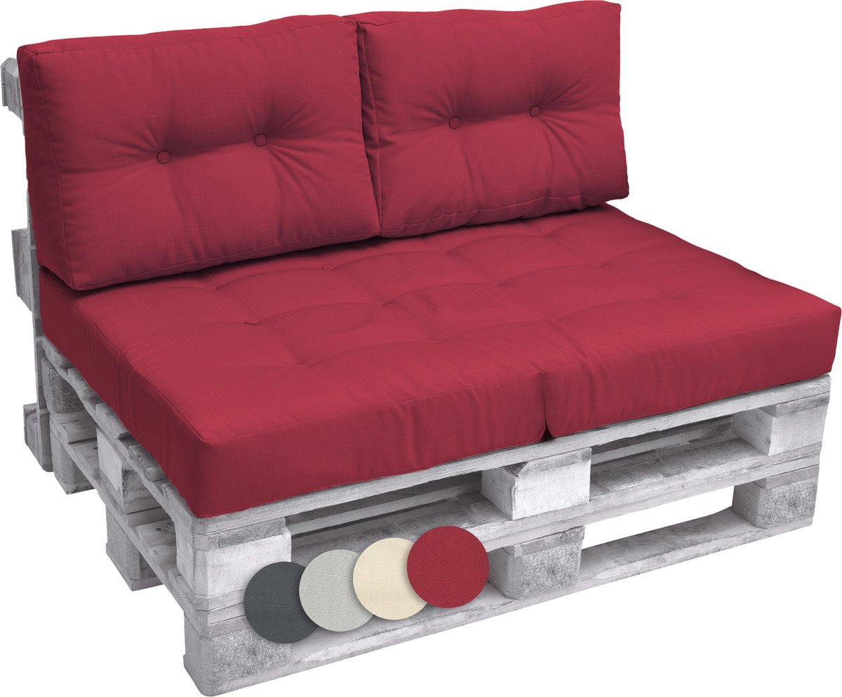 Rode palletkussenset met 1 zitkussen van 120x80 cm en 2 rugkussens van 60x40 cm, van het merk Beautissu.