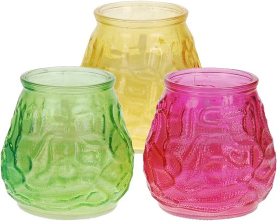Windlicht geurkaars - 3x - geel/groen/roze glas - 48 branduren - citrusgeur