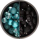 Bellatio Decorations Kerstballen mix - 74-delig - turquoise en zwart - 6 cm - kunststof