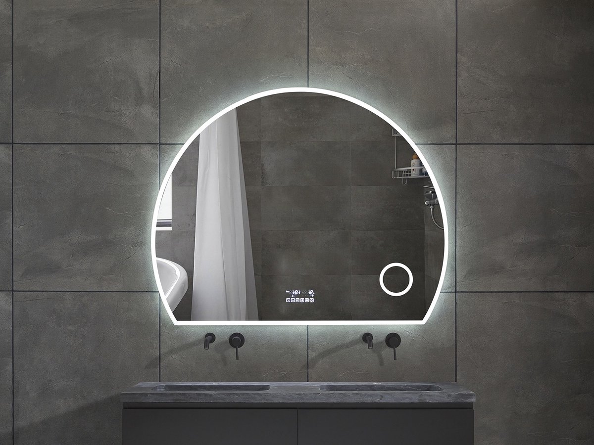 Mawialux LED Badkamerspiegel - Bluetooth en speakers - 120x96cm - Halfrond - Verwarming - Touchscreen - Dimbaar - Hannah PLUS