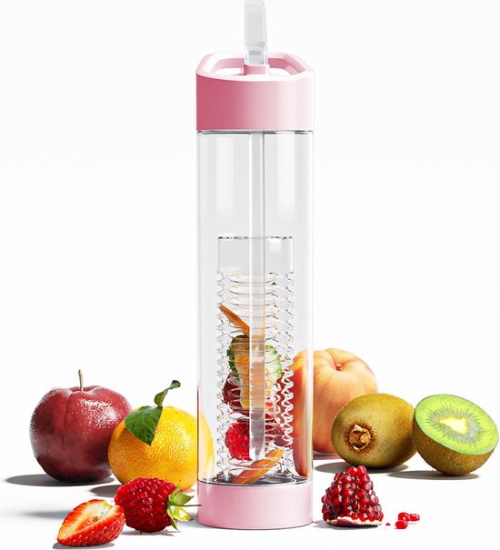 Waterfles met naam - Drinkfles met rietje - Fruit filter infuser - 700 ml - roze