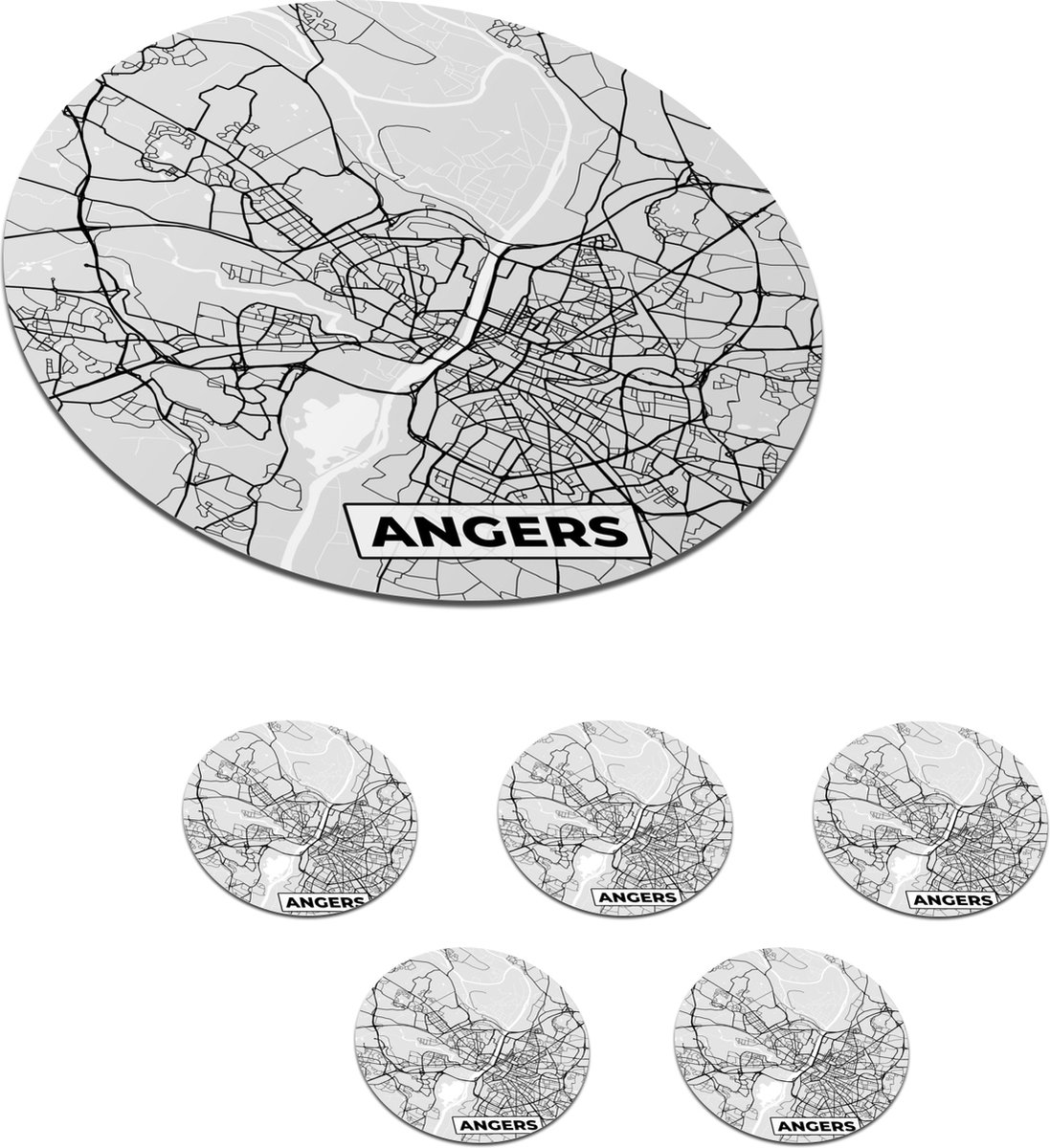 Onderzetters voor glazen - Rond - Frankrijk - Plattegrond - Kaart - Angers - Stadskaart - 10x10 cm - Glasonderzetters - 6 stuks
