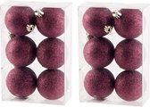 18x Aubergine roze kunststof/plastic kerstballen 6 cm - Glitters - Onbreekbare kerstballen - Kerstboomversiering aubergine roze