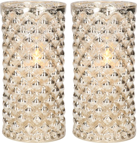 2x stuks luxe led kaarsen in zilver glas D7,5 x H15 cm - met timer - Woondecoratie - Elektrische kaarsen