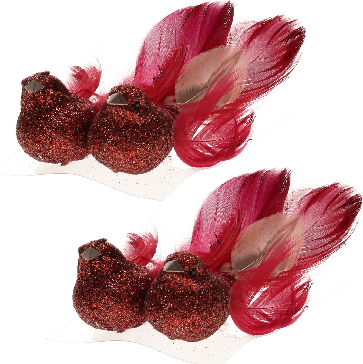 2x stuks decoratie vogels op clip glitter rood 11 cm - Decoratievogeltjes/kerstboomversiering/bruiloftversiering