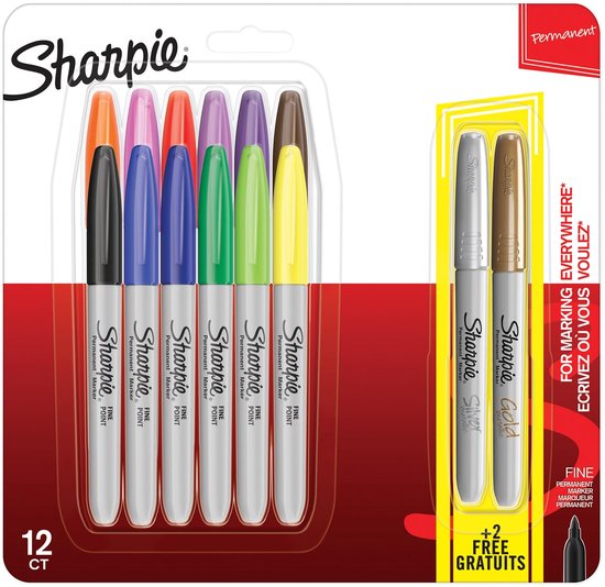 Sharpie marqueur permanent, pointe fine, blister de 12 pièces en couleurs  assorties