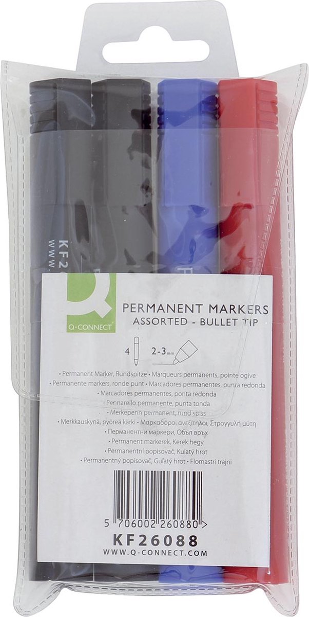 Q-CONNECT permanente marker, 2-3 mm, ronde punt, geassorteerde kleuren, etui van 4 stuks 6 stuks