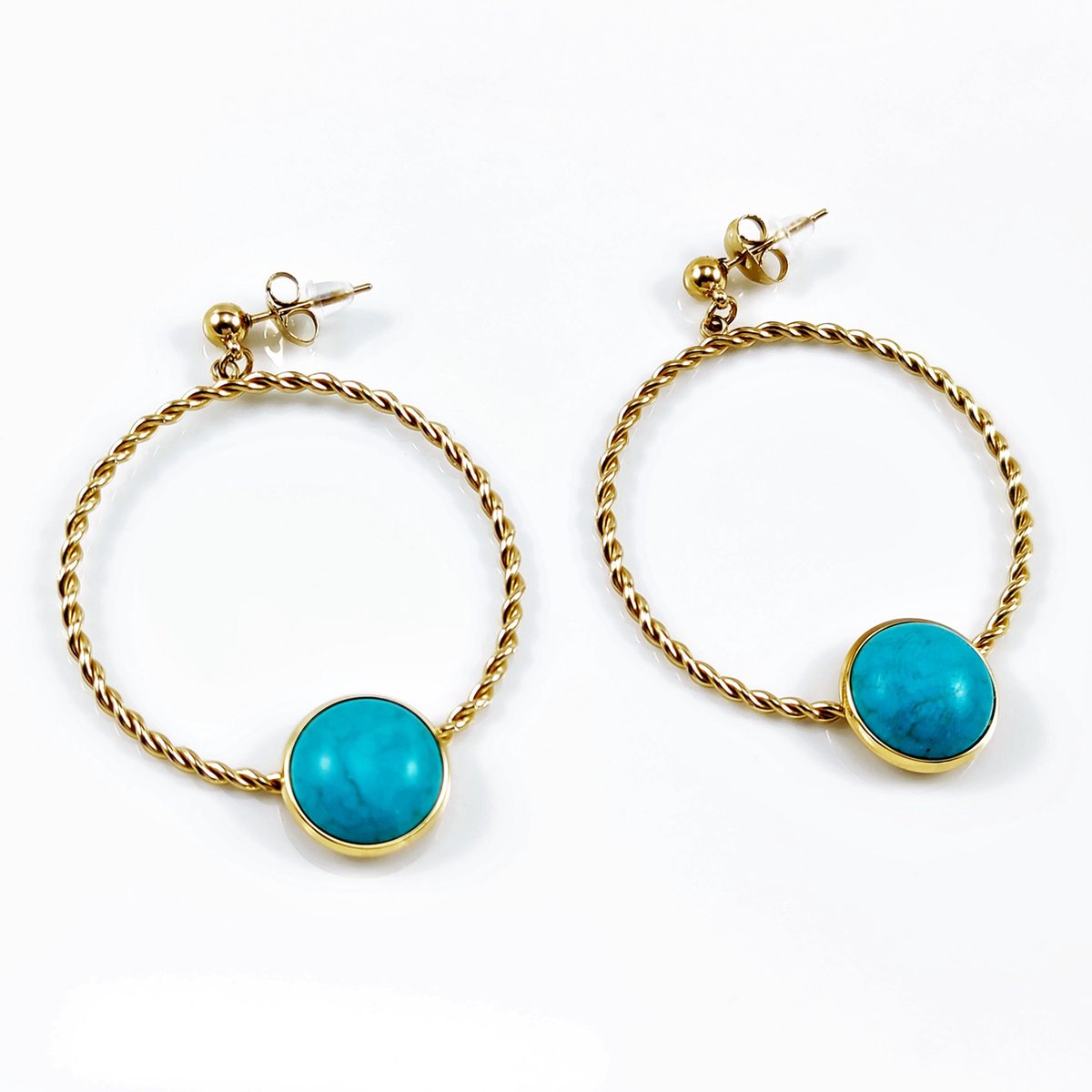 Turquoise Oorbellen Dames - Stalen Goudkleur - Oorhangers -Natuursteen - Bungelende - Gedraaide