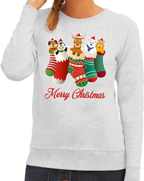 Foto: Foute kersttrui sweater kerstsokken met diertjes merry christmas grijs voor dames l