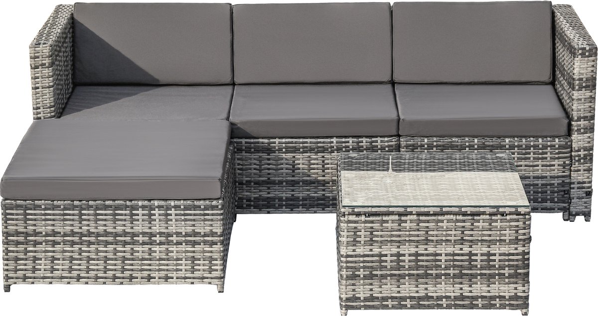 Polyrotan loungebankset- lounge tuinmeubelen- hoekbank bankstel met zit- en rugkussens- loungetafel met glazen blad- grijs