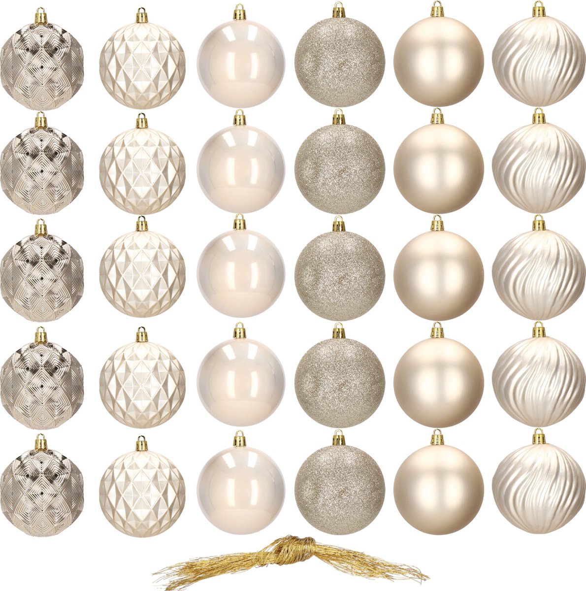 Springos Kerstballen | Kerstversiering | Onbreekbaar | 30 Stuks | 8 cm | Beige/Goud Tinten – foto 6