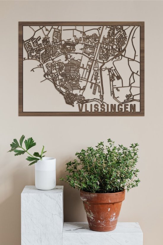 Houten Stadskaart Vlissingen Notenhout 50x70cm Wanddecoratie Voor Aan De Muur City Shapes