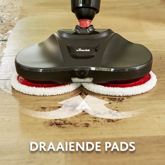 Zwarte Vileda Looper vloermop met roterende pads en pijlen die de beweging aangeven, met tekst 'DRAAIENDE PADS'.
