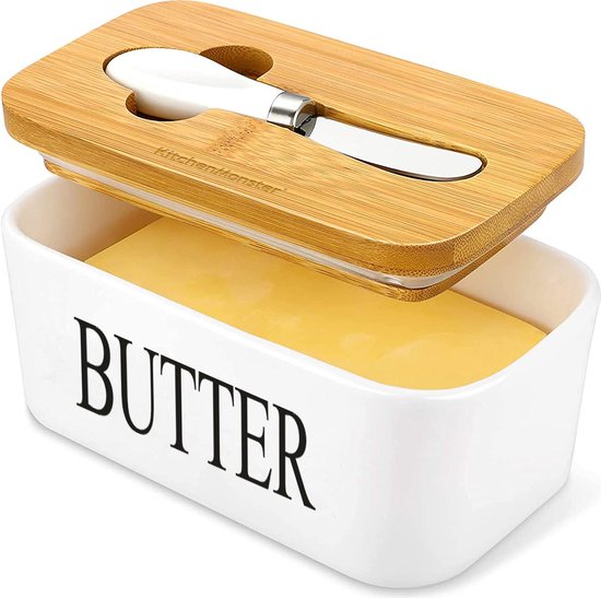 KitchenMonster® Beurrier avec Couteau à Beurre - 600 ml Beurrier en Porcelaine et Bamboe Boîte de Conservation des Aliments - Beurrier avec Couvercle Wit