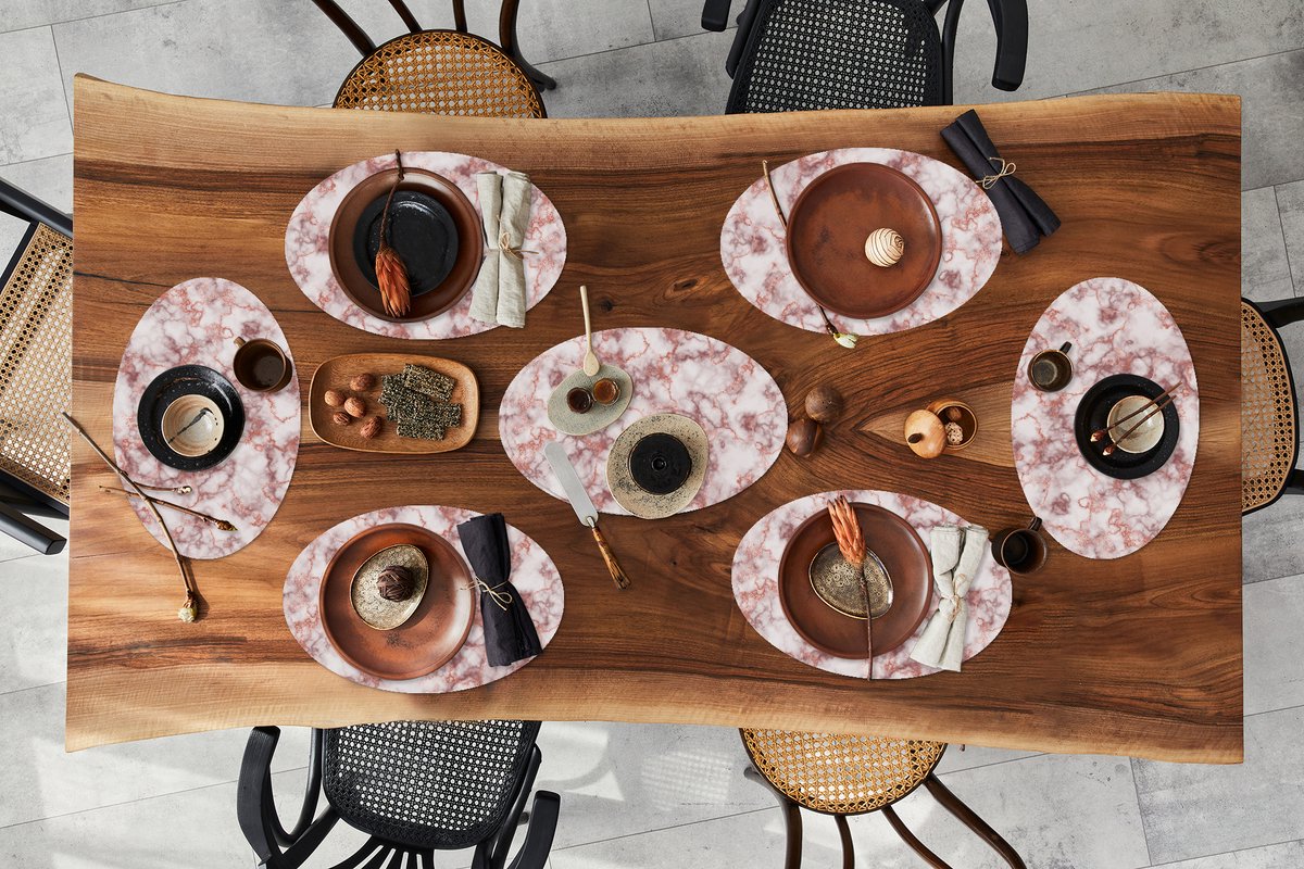 Placemats ovaal - Onderleggers - Ovale placemats - Marmer print - Wit - Rood - 8 stuks
