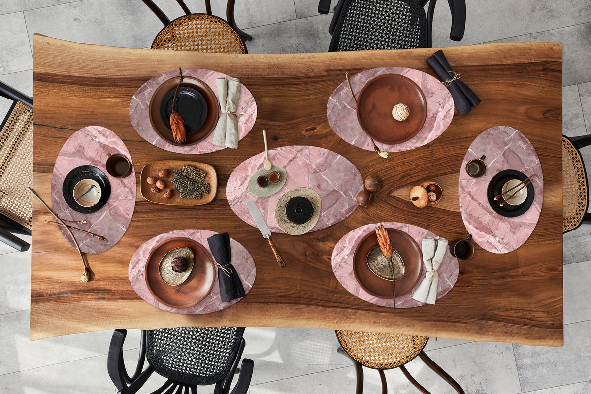 Placemats ovaal - Onderleggers - Ovale placemats - Graniet print - Steen - Roze - Wit - 10 stuks