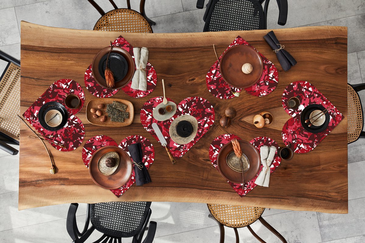 Onderleggers - Placemats - Placemats hartje - Patroon - Jungle - Rood - 8 stuks