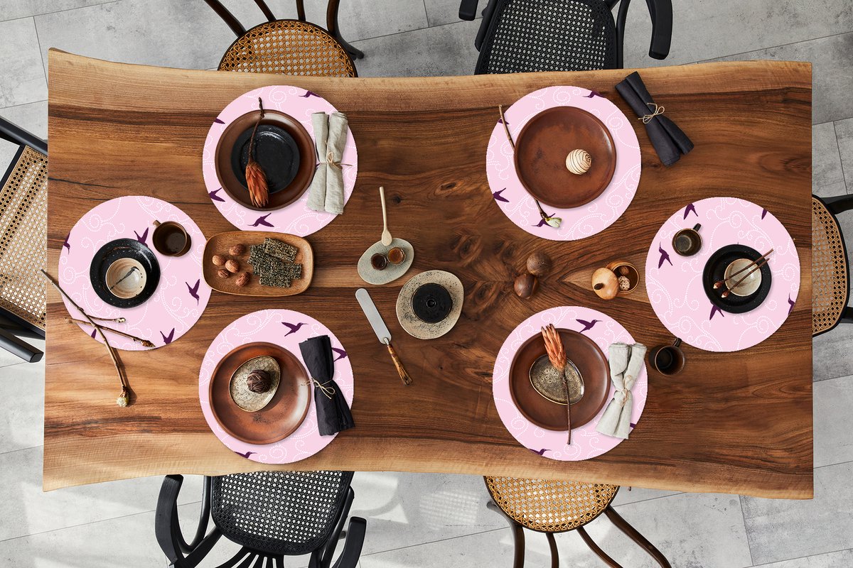 Ronde placemats - Onderlegger - Placemats rond - Vogel - Patronen - Roze - 6 stuks