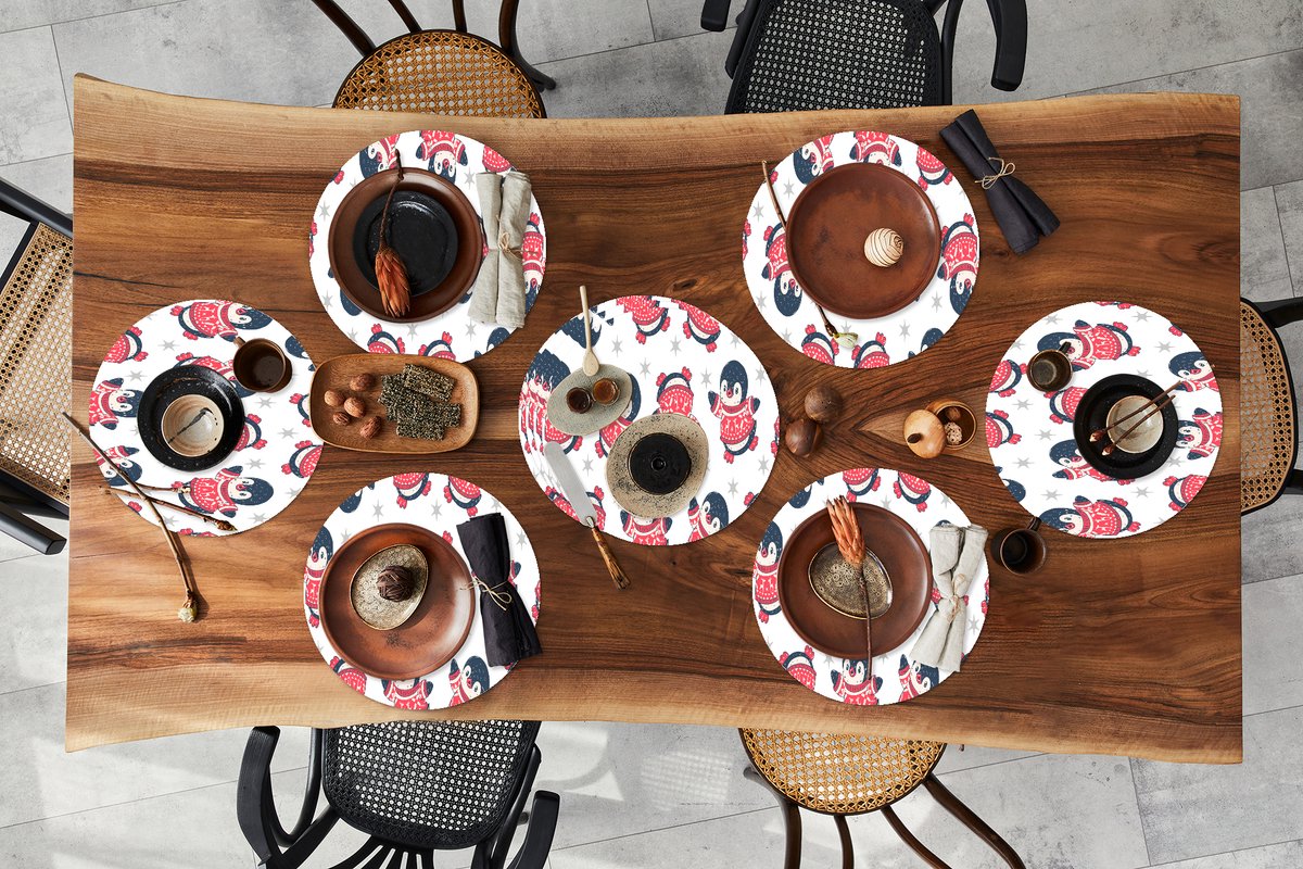 Ronde placemats - Onderlegger - Placemats rond - Pinguïn - Patronen - Sterren - 10 stuks