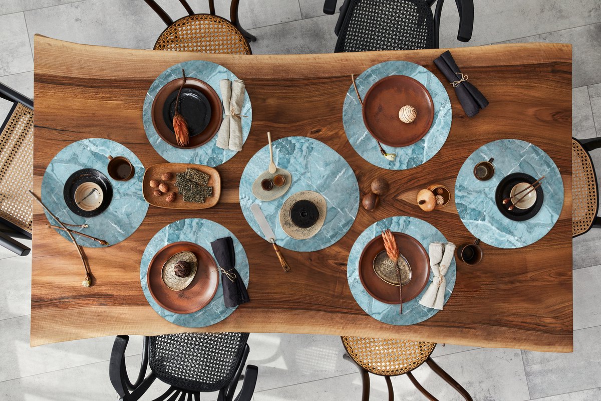 Ronde placemats - Onderlegger - Placemats rond - Kristallen - Blauw - Graniet print - Wit - 10 stuks