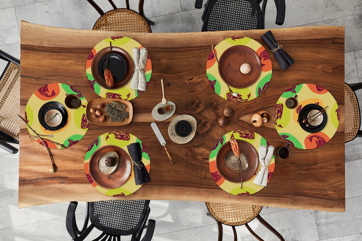 Ronde placemats - Onderlegger - Placemats rond - Schildpad - Vissen - Maori - Patroon - 6 stuks